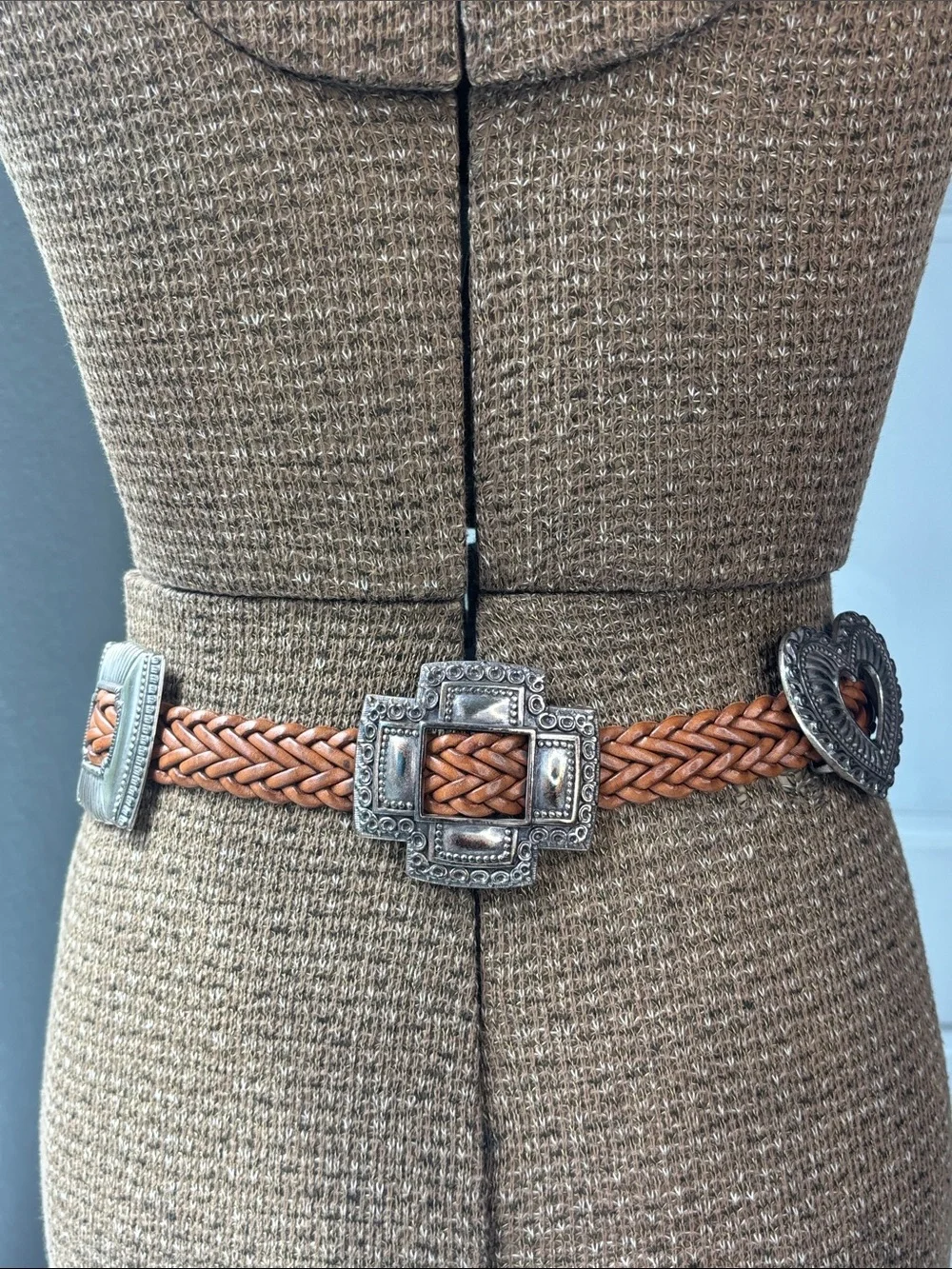 VTG 1994 Brighton Tan Braided Leather Belt with Silver Heart + Cross Conchos